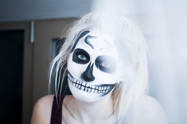 Totenkopf Makeup Schinke Verkleidung Schwarz Weiss Blau Augen